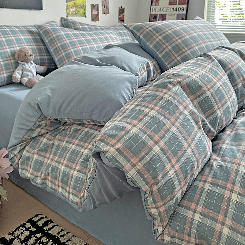 Soft and Cozy Muji-Style Four-Piece Set, Ins-Style Washed Cotton, Skin-Friendly Printed Plaid Striped Four-Piece Set, Bunk Bed Three-Piece Set