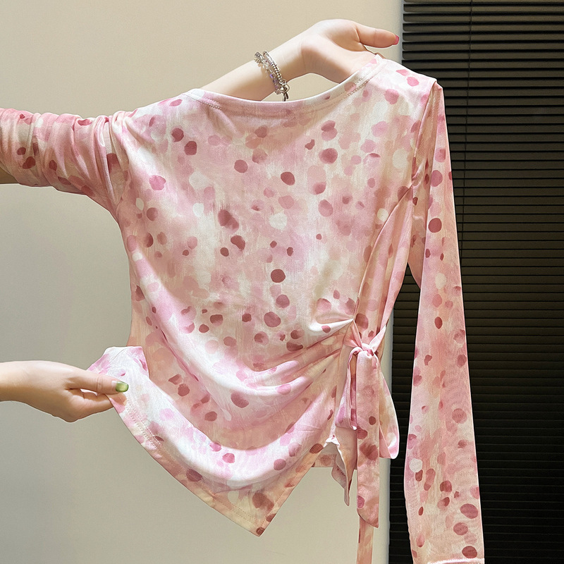 Gradient Tie-Dye Printed Long-Sleeved Mesh Top, Chic and Super Nice Blouse with Strap Design T-Shirt for Women Gradient Tie-Dye Printed Long-Sleeved Mesh Top, Chic and Super Nice Blouse with Strap Design T-Shirt for Women