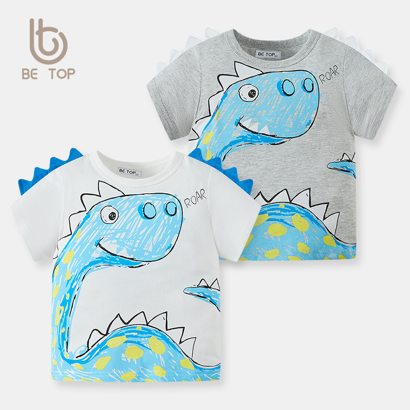 Dinosaurios personalizados de dibujos animados ropa de verano para niños bebés camisetas coreanas de manga corta ropa infantil de algodón al por mayor muestras