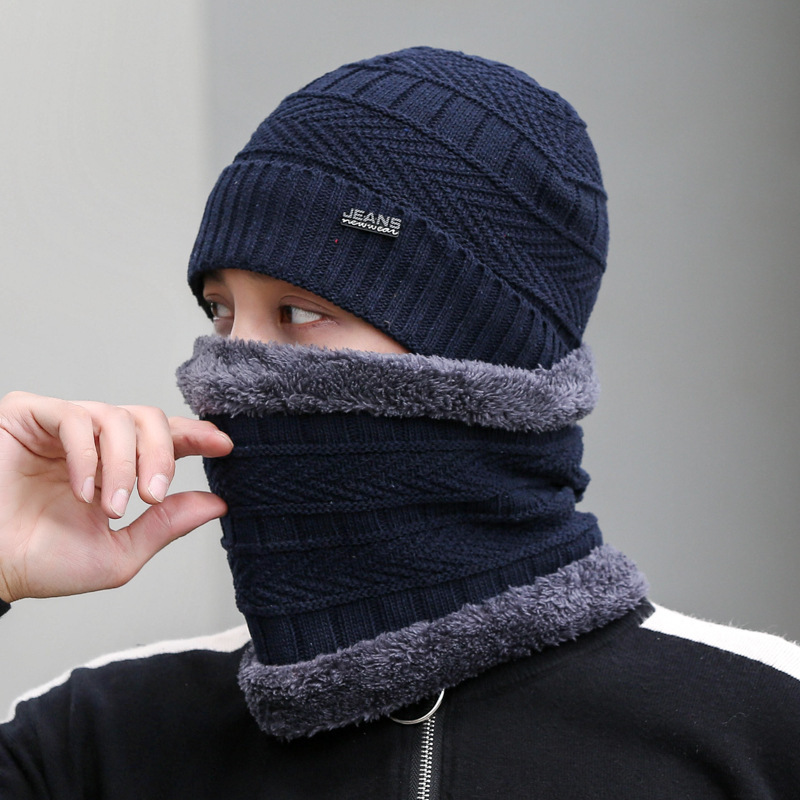 Knitted Hat Men's Autumn and Winter Velvet Warm Woolen Hat Cold-Proof Neck Scarf Two-Piece Hat Amazon Pullover Hat