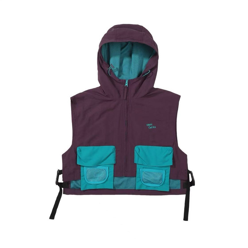 2025 New Autum Mountain Hiking Outdoor Sports Mountaineering Layered Sleeveless Short Hooded Vest for Women 2639