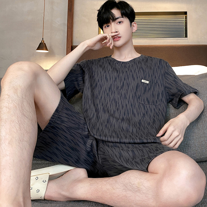 Pijamas de verano de los hombres de algodón artificial de cuello redondo jersey de manga corta pantalones cortos traje casual desgaste del hogar se puede usar fuera supermercado