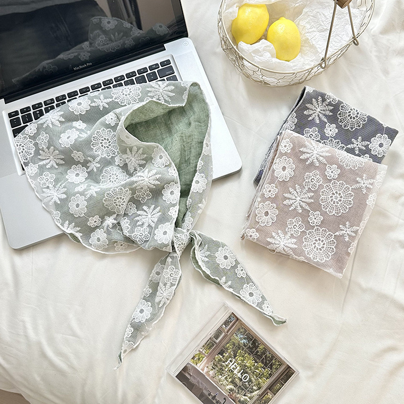 Pañuelo de seda de encaje de costura, bufanda triangular, bufanda de seda pequeña, bufanda de algodón y lino de todo fósforo para mujer, bufanda decorativa, bufanda triangular, cortina de pedos de cintura