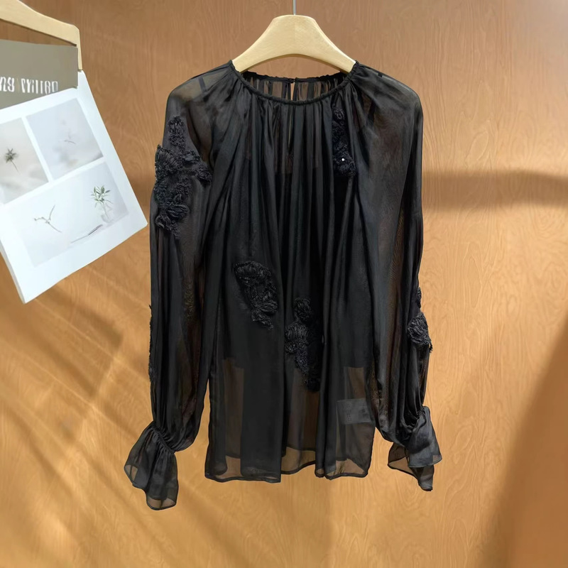 2026 Early Spring New Style New Chinese-Style Lace Embroidery Shirt for Women, Silk Lace Trim Top with Intricate Embroidery