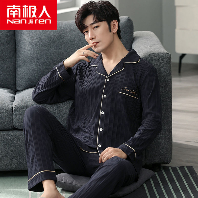 Pijamas de los hombres manga larga 100% algodón primavera, otoño e invierno algodón flojo más tamaño traje desgaste del hogar
