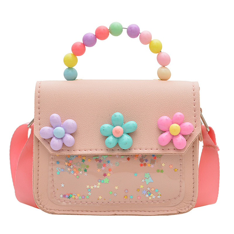 新しい子供のショルダーバッグパールポータブル小さな正方形バッグかわいい小さな花スパンコール装飾幼稚園トレンディなクロスボディバッグ|undefined