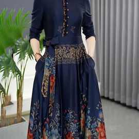 时尚拼接木耳边印花长袖连衣裙2024秋季新款设计感收腰显瘦中长裙