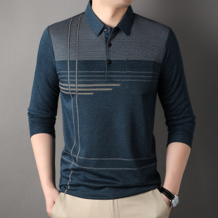Middle-aged and elderly pocket long-sleeved T-shirt men's lapel business casual spring and autumn middle-aged T-shirt top bottoming shirt autumn clothes