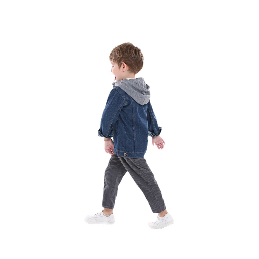 Chaqueta de mezclilla para niños coreanos otoño e invierno moda abanico cremallera de manga larga con capucha vaquero falso de dos piezas Denim coat
