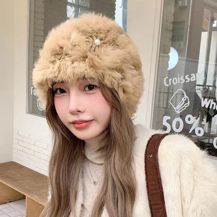 Gorro tejido de pelo de conejo grueso mejorado para mujer, Protector de orejas de piel hecho a mano, bola de lana de moda bonita_voghion.com