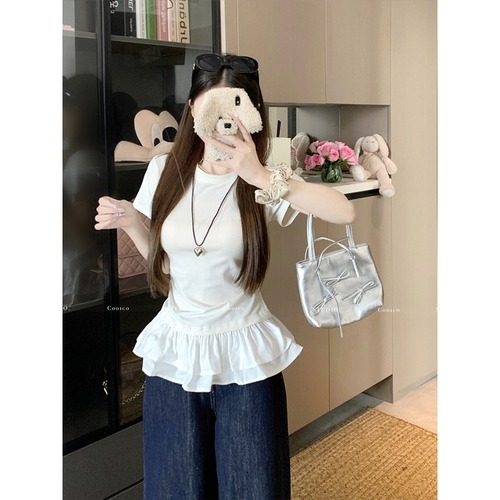 MR【Cotton】 French Ruffle Hem Spliced White Short Sleeve T-Shirt Women's Summer Slim Fit Straight Shoulder Top 
