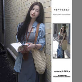 纯欲风穿搭一整套简约通勤气质牛仔衬衫女秋季内搭吊带连衣裙套装