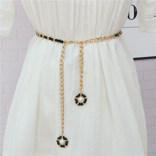 Black and white metal belt for women, European and American style, metal waist chain belt, summer decoration with skirt, trendy thin waist chain