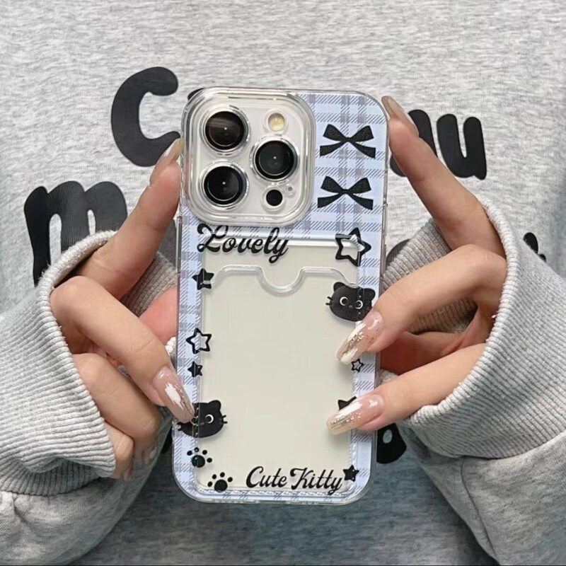 Plaid black bow design phone case for Samsung S26 Ultra, S25+, S24 FE, with card holder, also compatible with S22+, S21, and A57