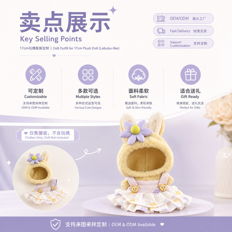 Labubu Doll Clothes 17cm Universal for First, Second, and Third Generations Fresh Floral Pleated Skirt Set with Rabbit Ear Accessories