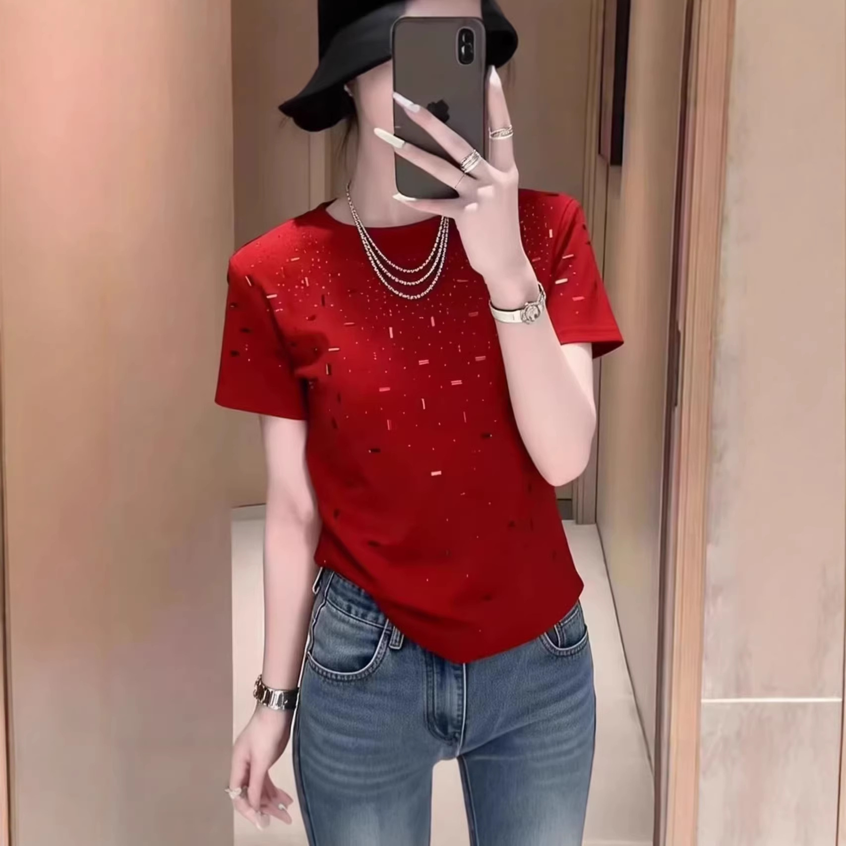 Áo thun nữ cổ tròn tay ngắn rộng thùng thình, đính đá lấp lánh — đen chi tiết 2