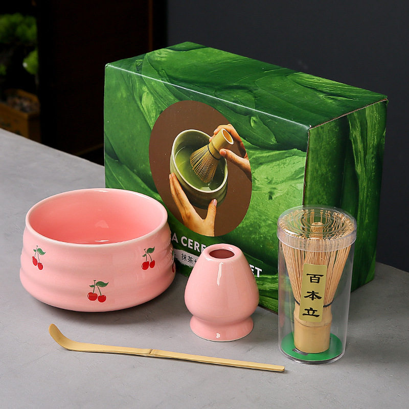 跨境抹茶碗套装樱桃蝴蝶结心形图案花纸陶瓷百本立茶筅点茶系列|undefined