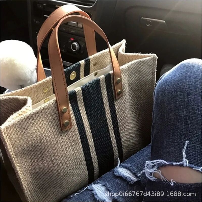 Korean Style Women's Portable Briefcase Professional Commuter Striped Simple Large Shoulder Bag Ins Large Capacity Linen Bag