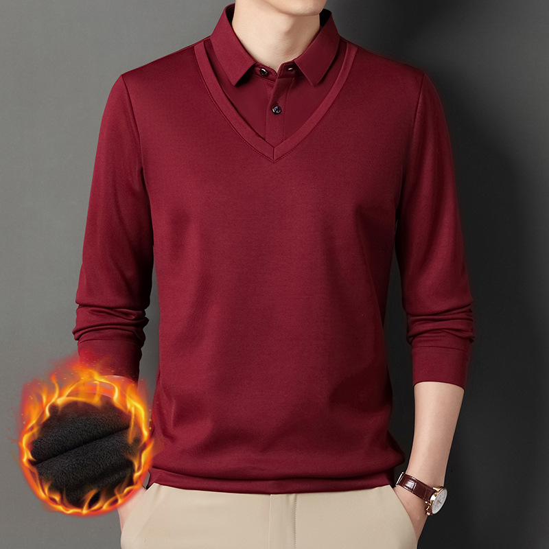 Fleece-forrado cálido falso suéter de dos piezas de los hombres de mediana edad engrosada suéter de solapa papá superior entrega de una pieza