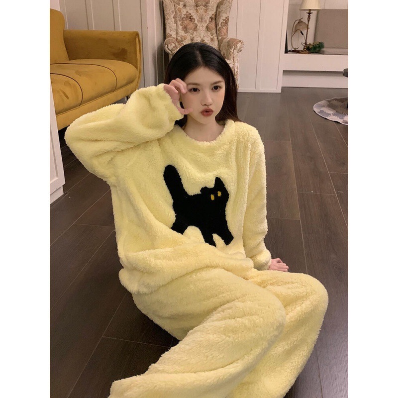 2025秋冬珊瑚绒猫咪睡衣家居服女长袖长裤两件套装加厚保暖宅家女|undefined
