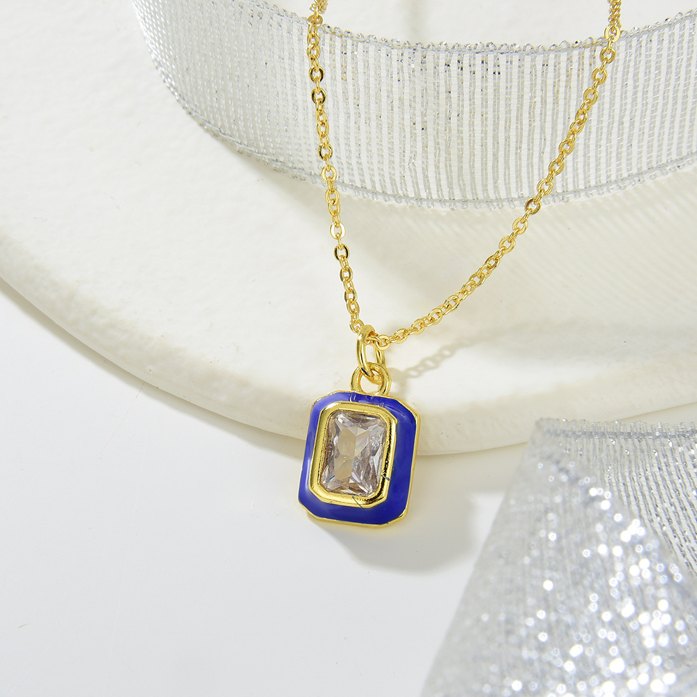 Women's Gender Copper Inlay Square Rhinestones Pendant Necklace
