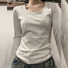 美式正肩长袖t恤女秋冬女装新款U领内搭修身磨毛打底衫上衣女