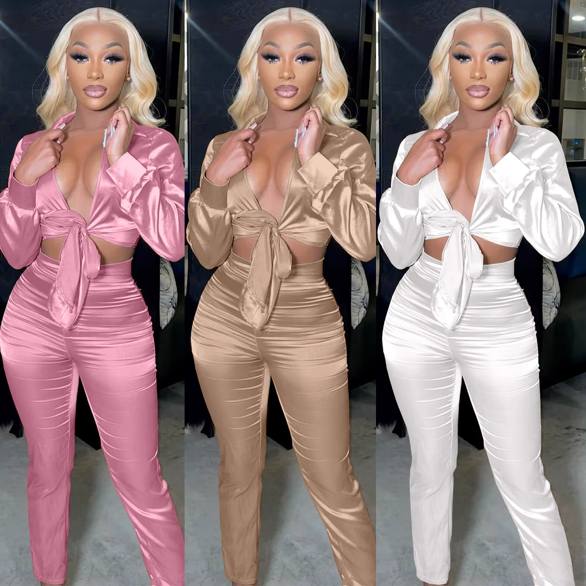 Y1868 Самостоятельная станция Amazon в Европе и Америке 2024, осенне-зимний сексуальный тонкий костюм-двойка на шнуровке с v-образным вырезом