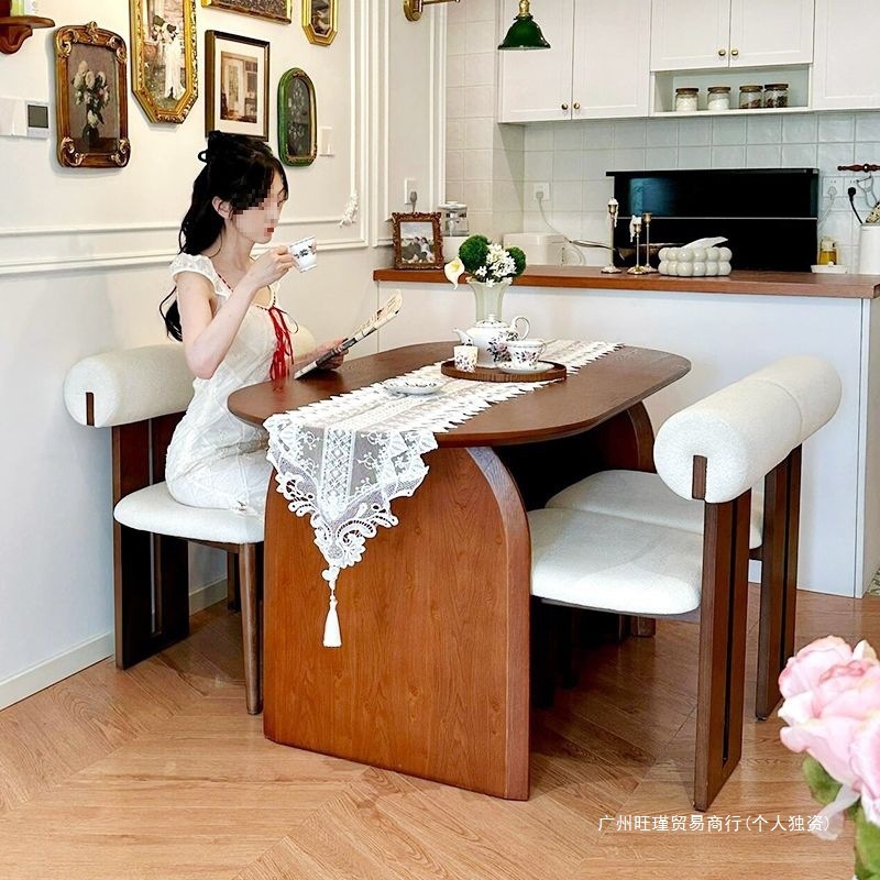 French Mid-Century Style Solid Wood Dining Table and Chair Combination for Home Living Room Oval Small Apartment Ash Wood Retro Dining Table