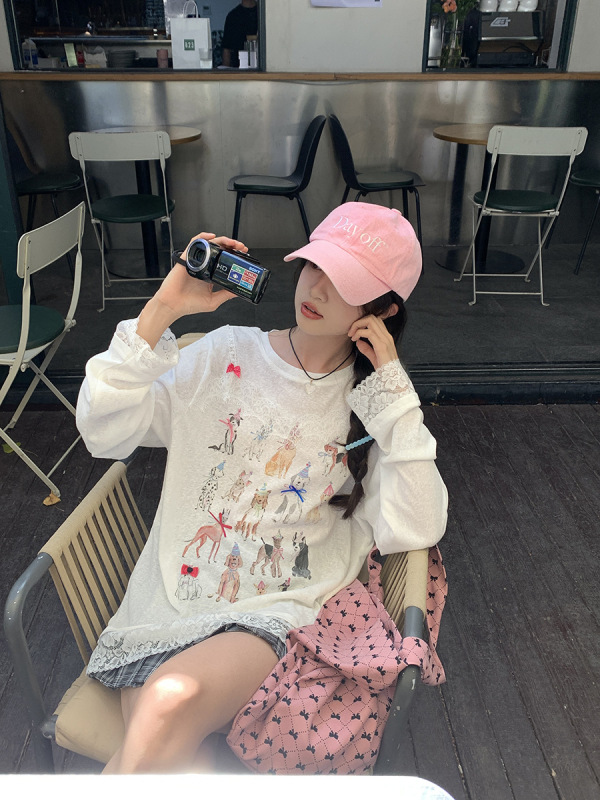 自宅工場現物レース子犬プリント長袖tシャツ女性2025春新型日焼け止め上着潮|undefined