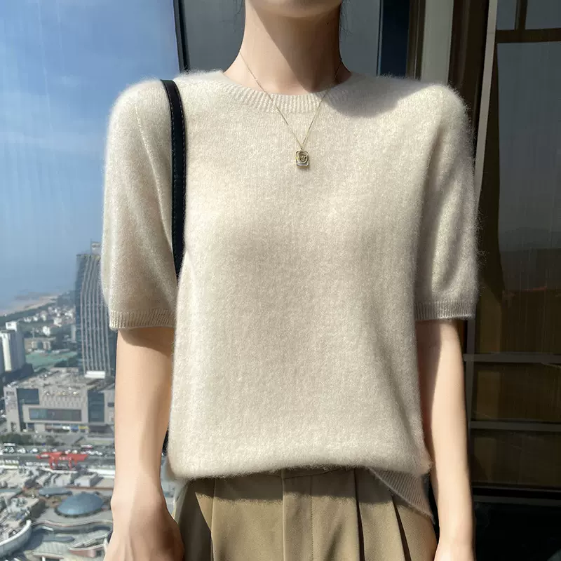新款圆领羊绒针织衫女宽松百搭短袖毛衣2025春秋简约通勤休闲上衣