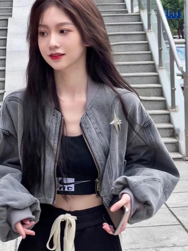 甜辣复古高腰短款牛仔外套女春秋新款设计高级感小众感棒球服上衣|undefined