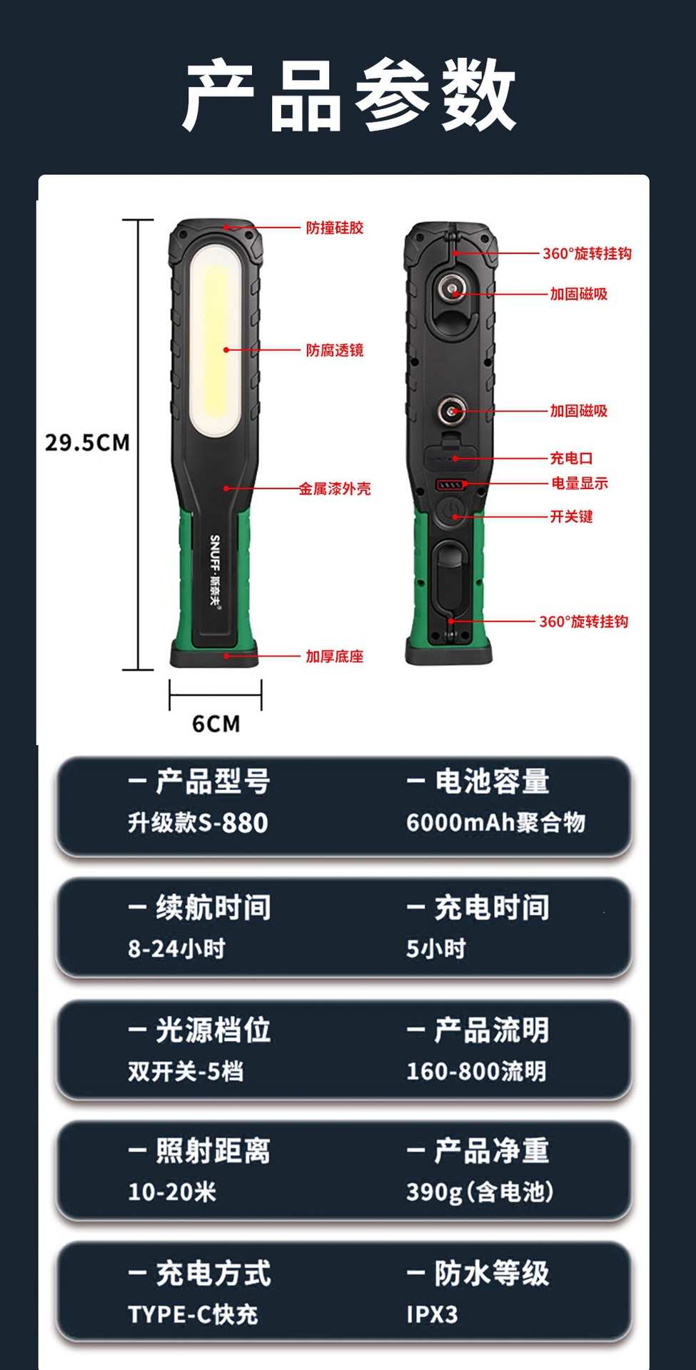 Suitable for Snave automotive repair work lights, ultra-long battery life, rechargeable, waterproof, high-brightness LED magnetic repair light