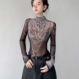 乐迪莎 三维立体感珍珠印花长袖恤女秋季修身网纱半高领打底上衣