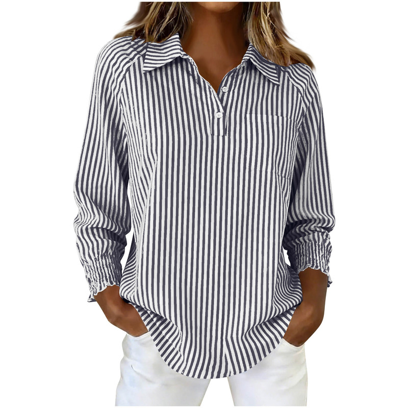 Amazon Striped Shirt Casual Foreign Trade Cross-Border European and American Loose Button-Oni Women's Lantern Sleeve Clothing