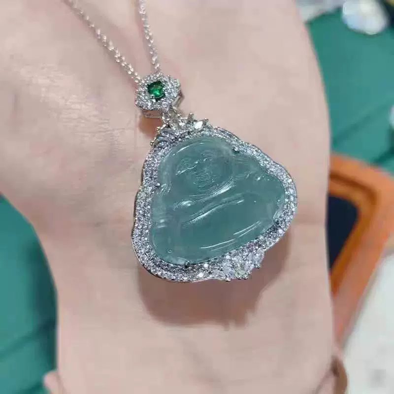 翡翠a货铜镶嵌危料蓝水大肚佛公吊坠轻奢款点绿蓝水葫芦项链