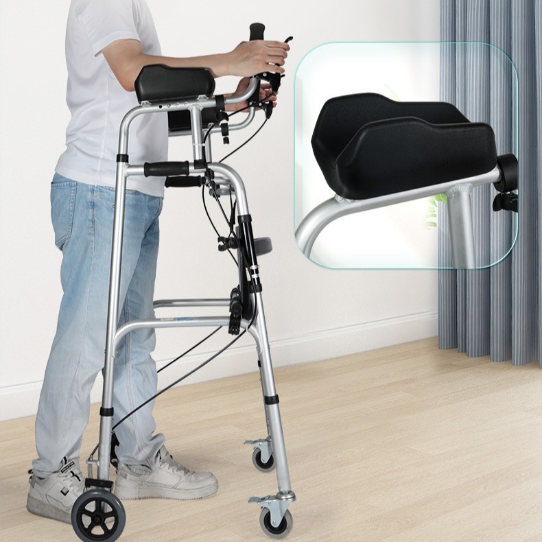 Ayuda para caminar con ruedas y asiento de aleación de aluminio muletas de cuatro patas para la Rehabilitación de Discapacitados ayuda para caminar auxiliar con el brazo arrastrando ayuda para caminar