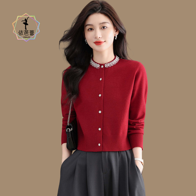 Chanel-style women's red knitted cardigan, short spring/autumn outerwear with a high-end feel, beaded round-neck sweater jacket