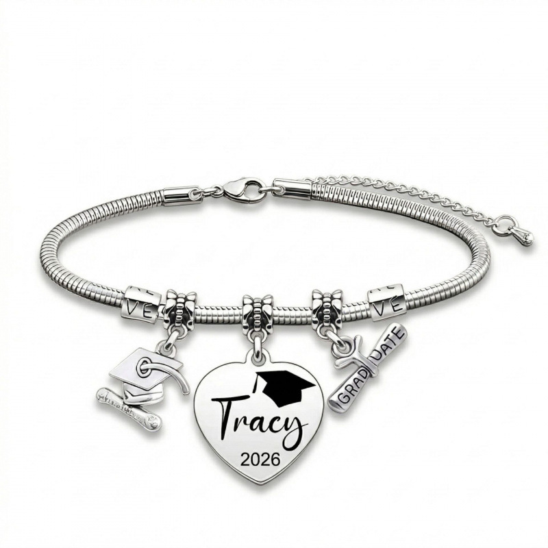 Stainless Steel Bracelet 2026 Graduation Season Gift Doctor's Hat Heart-Shaped Pendant Bracelet Snake Bone Chain Love Lettering Bracelet Stainless Steel Bracelet 2026 Graduation Season Gift Doctor's Hat Heart-Shaped Pendant Bracelet Snake Bone Chain Love Lettering Bracelet
