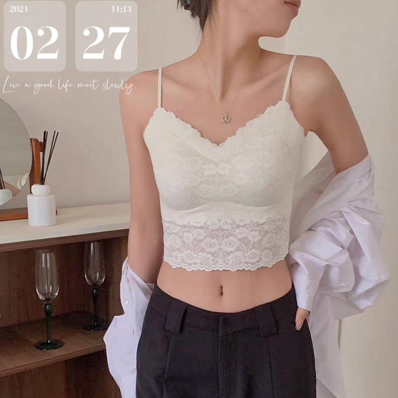 Summer Lace Beautiful Back Sling Ice Silk Vest Women's Belt Chest Pad Slim-fit Base Underwear Outer Wear Short Inner Top