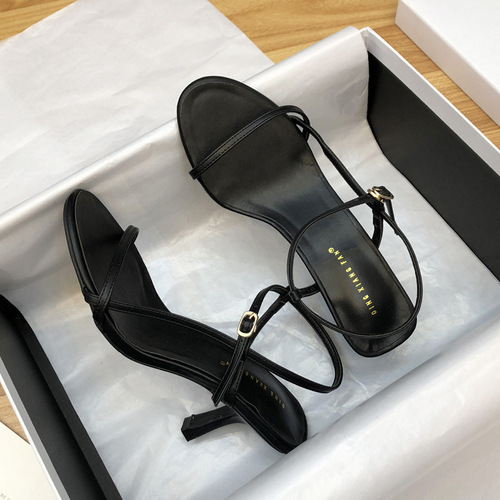 Sandals for Women  Spring New Versatile Internet Celebrities Same Style Thin Heels Straight Buckle Straps High Heels Sandals Open Toe Black