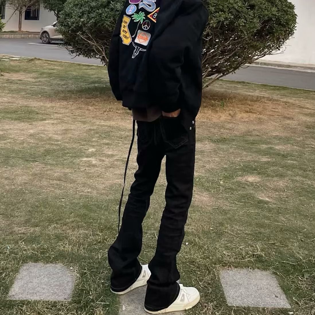 American-style high street vibe style long ribbon black micro horn trendy brand jeans slim fit slim mop long pants men