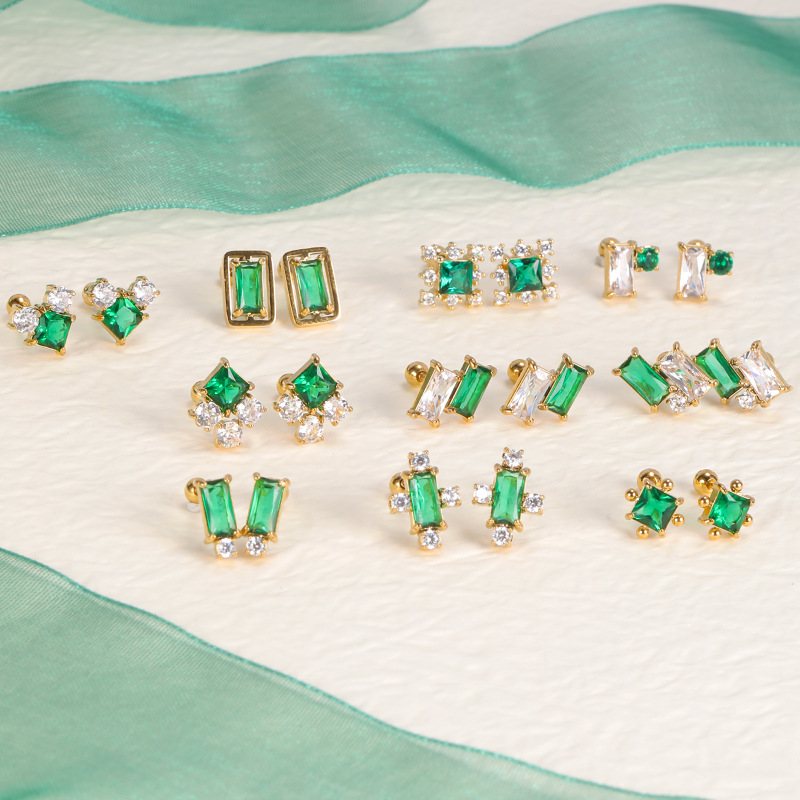 2022 New Emerald Diamond CZ Stainless Steel Earrings Fashion Ear Studs for Women Ear Bone Nail Titanium Steel Ear Pin detail image 7