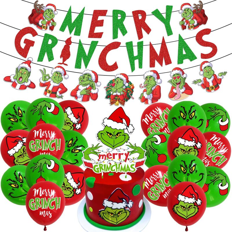 Grinch Party Decor Christmas Party suit Banner Balloon Cake Fork suit