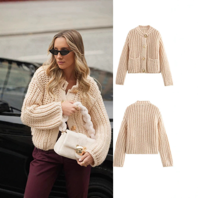 Cross-Border European and American Style New Women's Clothing Solid Color Round Neck Sweater Cardigan Loose Casual Long-Sleeved Knitted Top Cross-Border European and American Style New Women's Clothing Solid Color Round Neck Sweater Cardigan Loose Casual Long-Sleeved Knitted Top