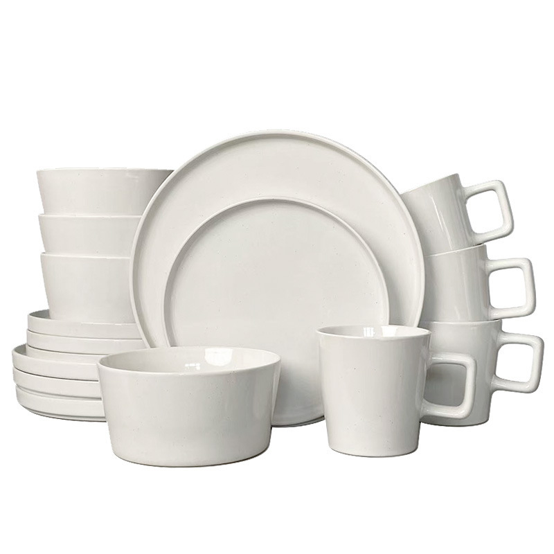 Ceramic Tableware Set Sesame Glaze Four-Person Bowl and Plate Set Dinner Plate Flat Plate Bowl Dish White 16-Piece Set