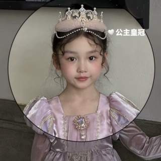 儿童宫廷风公主皇冠发饰发箍粉色蕾丝网纱珍珠宝石花边头饰超仙