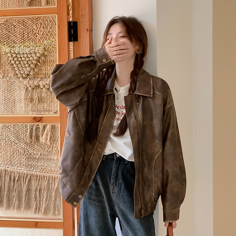 Brown Leather Jacket for Women, New Style, This Year's Popular American Retro Color-Rubbed Design Leather Clip Jacket