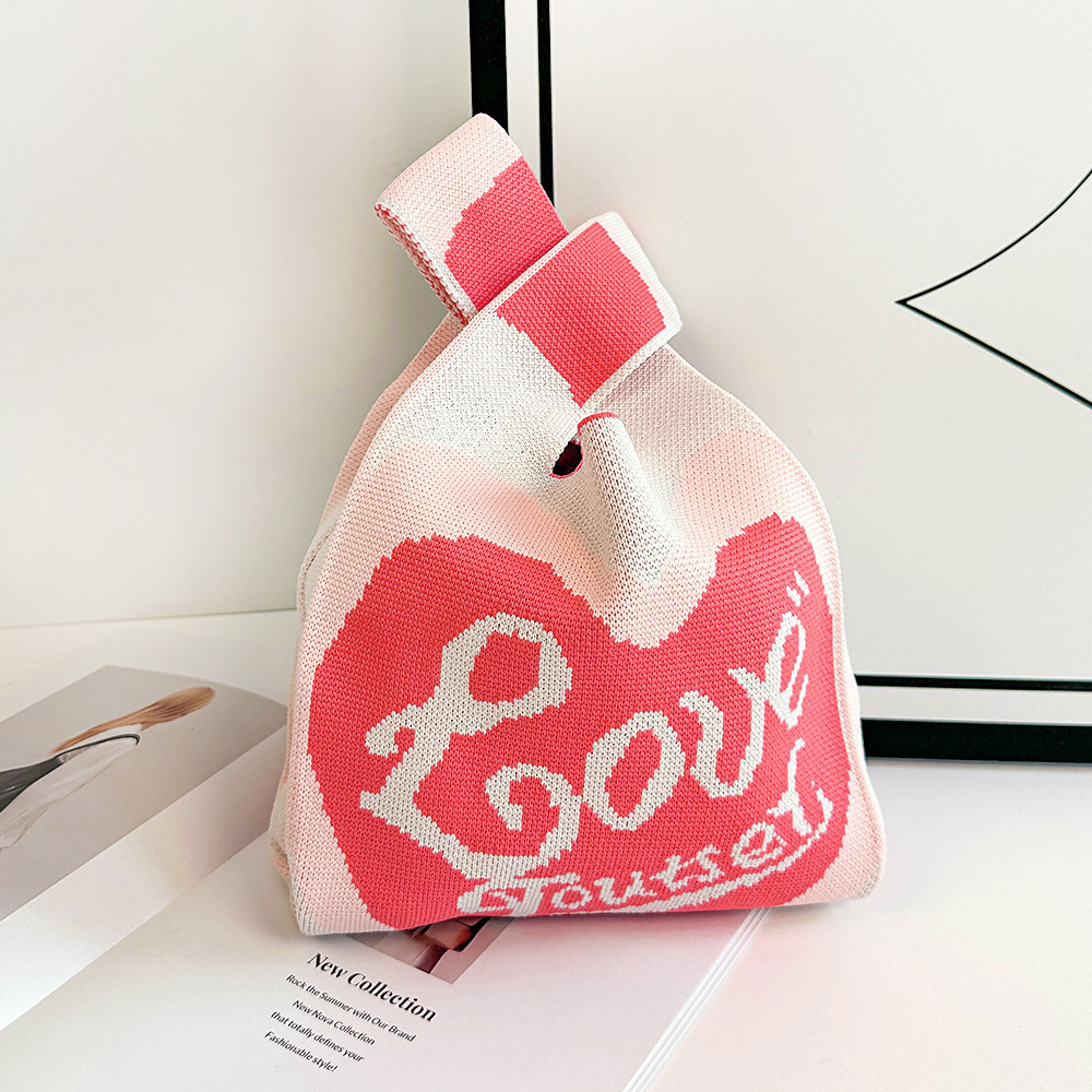 Nuevo bolso de punto para teléfono para mujer, bolso tejido suave en colores dopamina, bolso de mano con forma de corazón en estilo coreano con bloques de color.