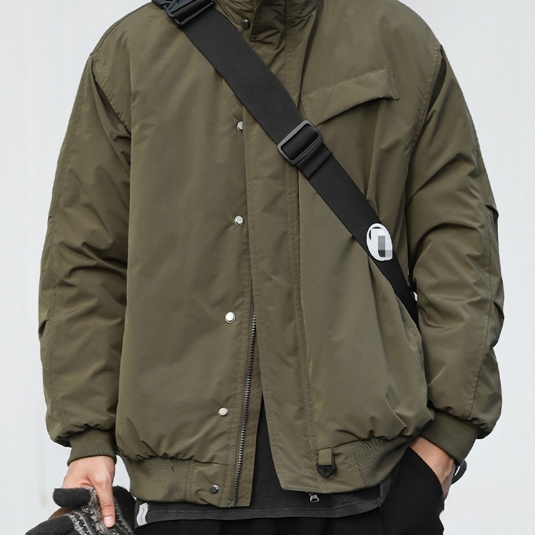 立领棉服男生冬季外套棉衣日系复古保暖超细暗格纹肌理情侣军绿色