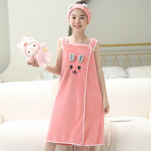 Children's strap bath robe can be worn or wrapped, water-absorbent quick-drying, non-falling hair, women's bath towel for home use, soft parent-child bath robe